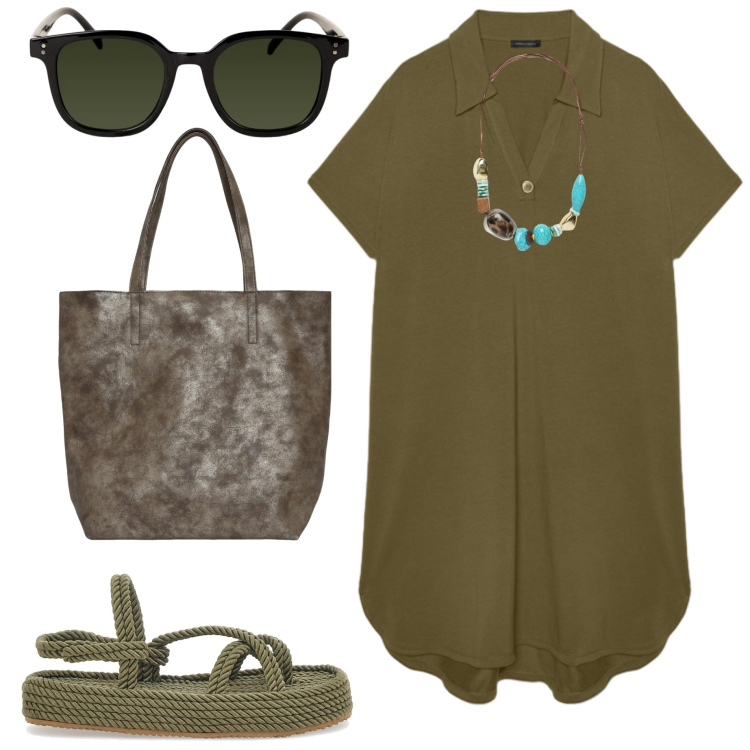 Outfit donna - Verde oliva. Stile Casual per Tutti i giorni. Abbinamento con shopping bag, occhiali da sole, vestiti corti, collane, sandali.