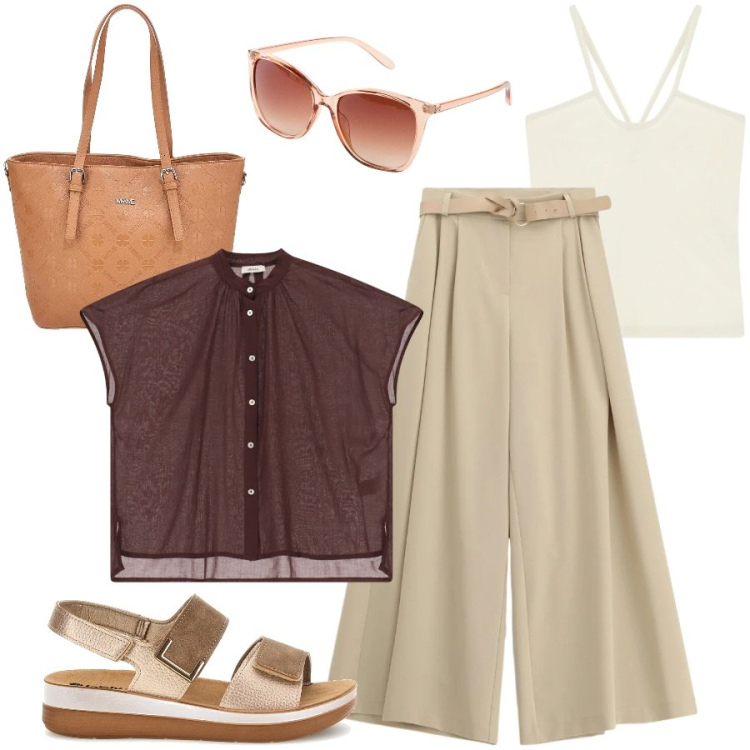 Outfit donna - Visitando città d\'arte. Stile Casual chic per Tutti i giorni. Abbinamento con occhiali da sole, canottiere, pantaloni a palazzo, camicie a manica corta, borse a tracolla, sandali.