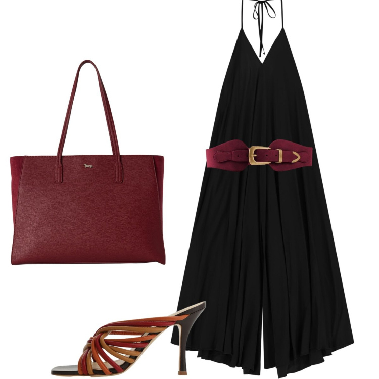 Outfit donna - La tuta nera Jumpsuit. Stile Glamour per Tutti i giorni. Abbinamento con cinture, shopping bag, sandali col tacco, tute.