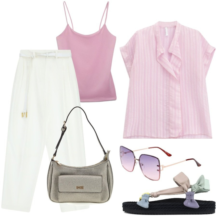 Outfit donna - Metropolitan escape. Stile Casual chic per Tutti i giorni. Abbinamento con occhiali da sole, pantaloni a palazzo, bluse, canottiere, sandali, borse a spalla.