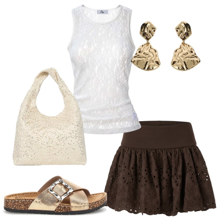 Outfit donna - Aperitivo in relax. Stile Casual chic per Serata fuori. Abbinamento con minigonne, borse a spalla, top, orecchini, ciabatte.