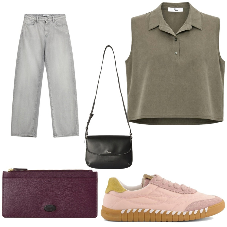 Outfit donna - Metropolitan Escape. Stile Casual per Tutti i giorni. Abbinamento con top, jeans, borse a tracolla, portafogli, sneakers.