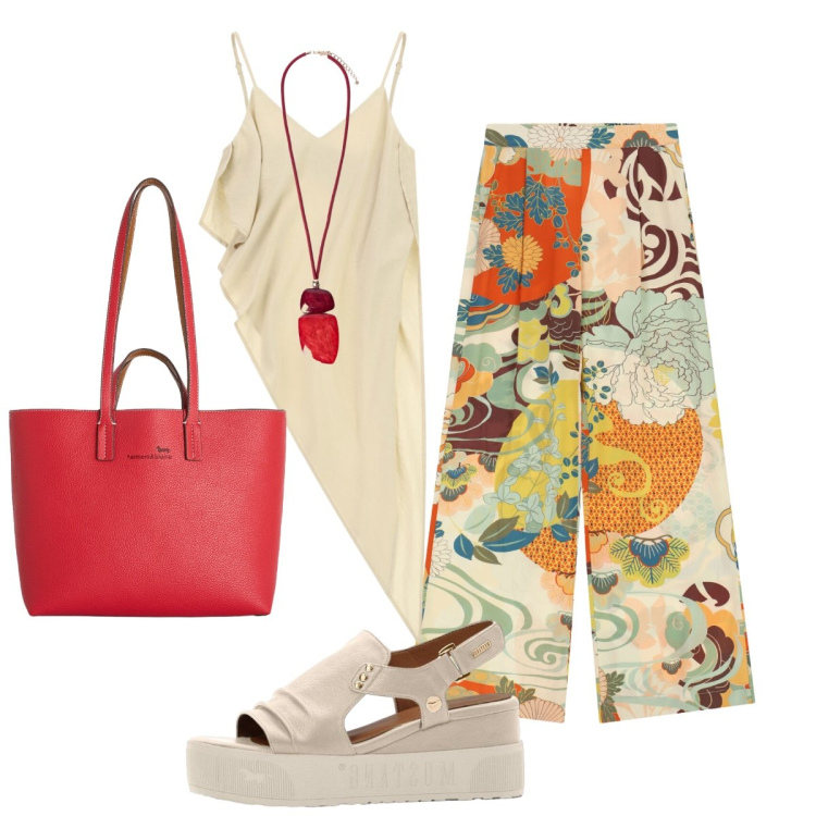 Outfit donna - Total look #2451515. Stile Glamour per Tutti i giorni. Abbinamento con sandali, shopping bag, pantaloni a palazzo, top, ciondoli.