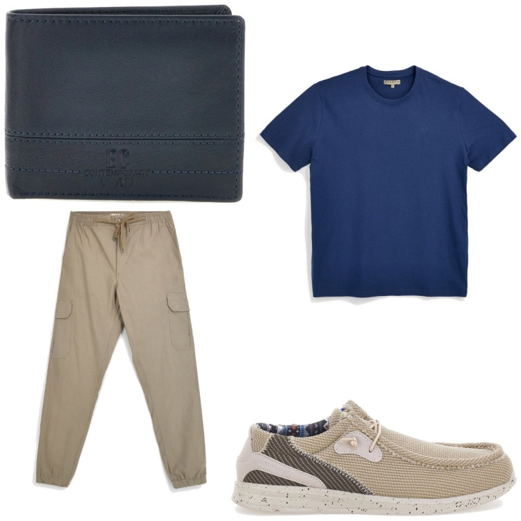 Outfit uomo - T-shirt: il capo dell\'estate. Stile Casual Abbinamento con scarpe stringate, pantaloni cargo, portafogli, t-shirt.