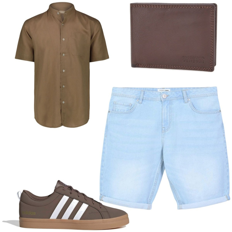 Outfit uomo - Toni della terra. Stile Casual per Tutti i giorni. Abbinamento con bermuda, camicie a manica corta, portafogli, sneakers.