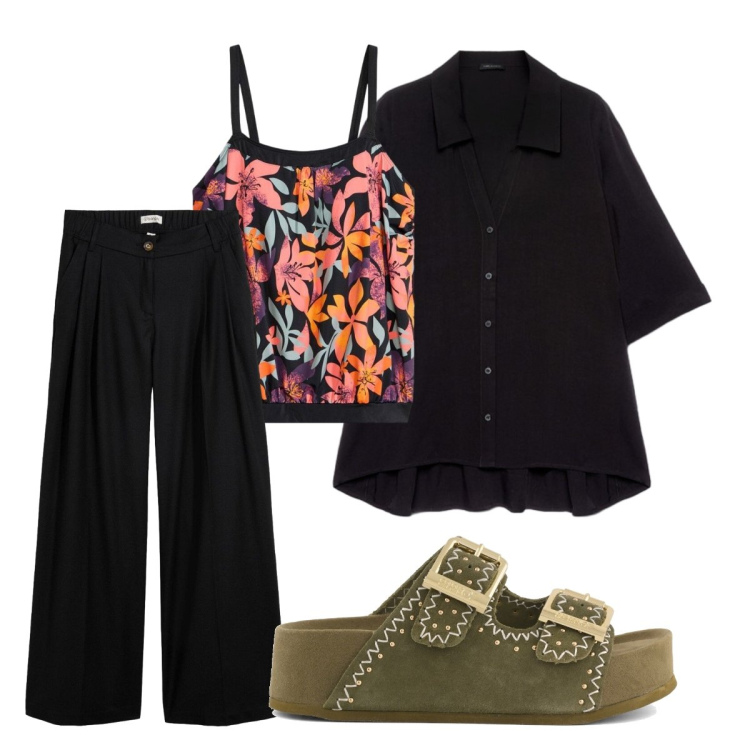 Outfit donna - Agosto. Stile Minimal per Mare. Abbinamento con bikini, pantaloni, camicie, ciabatte.