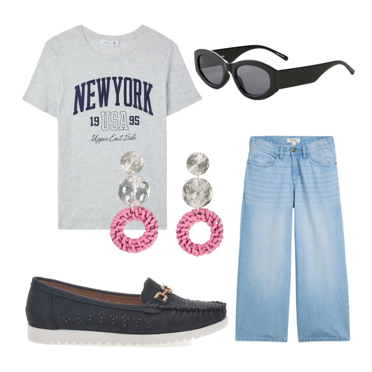Outfit donna - Oggi mi vesto cosi. Stile Casual per Ufficio. Abbinamento con jeans, orecchini, occhiali da sole, t-shirt, mocassini.