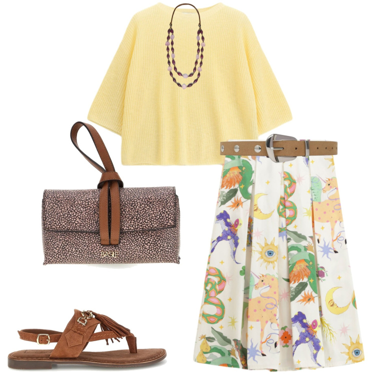 Outfit donna - Colori accesi. Stile Casual chic per Tutti i giorni. Abbinamento con cinture, gonne longuette, maglieria, collane, borse a tracolla, sandali.