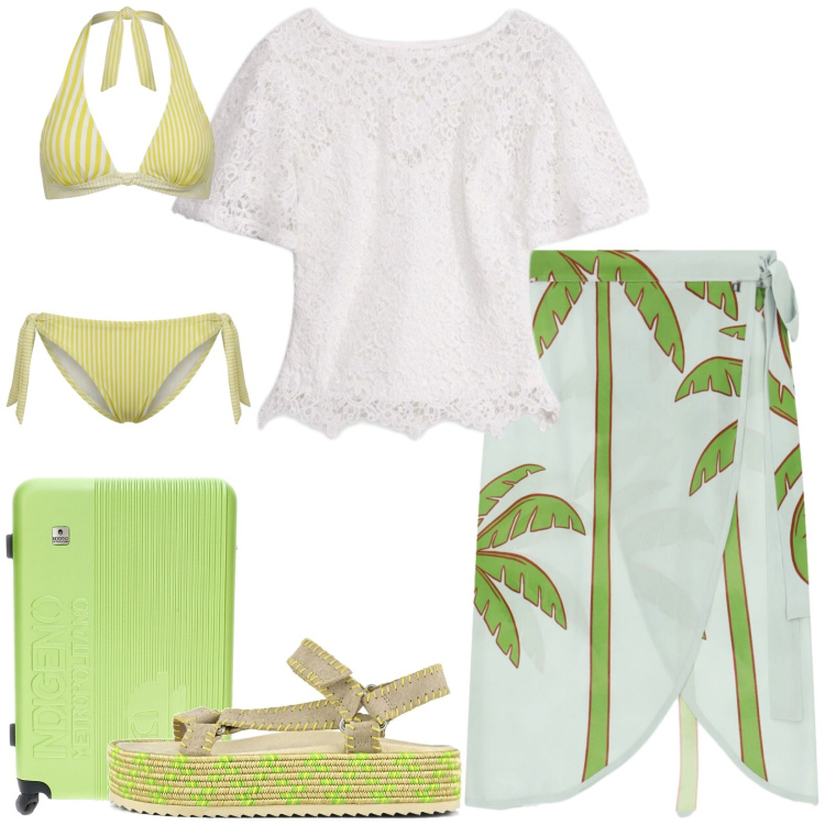 Outfit donna - In vacanza. Stile Casual per Mare. Abbinamento con t-shirt, bikini, gonne longuette, sandali, valigie.