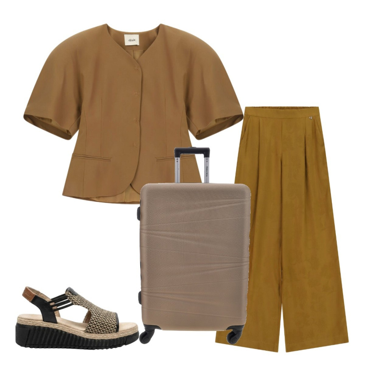 Outfit donna - Completo per il viaggio. Stile Bon Ton per Tutti i giorni. Abbinamento con sandali, pantaloni a palazzo, top, valigie.
