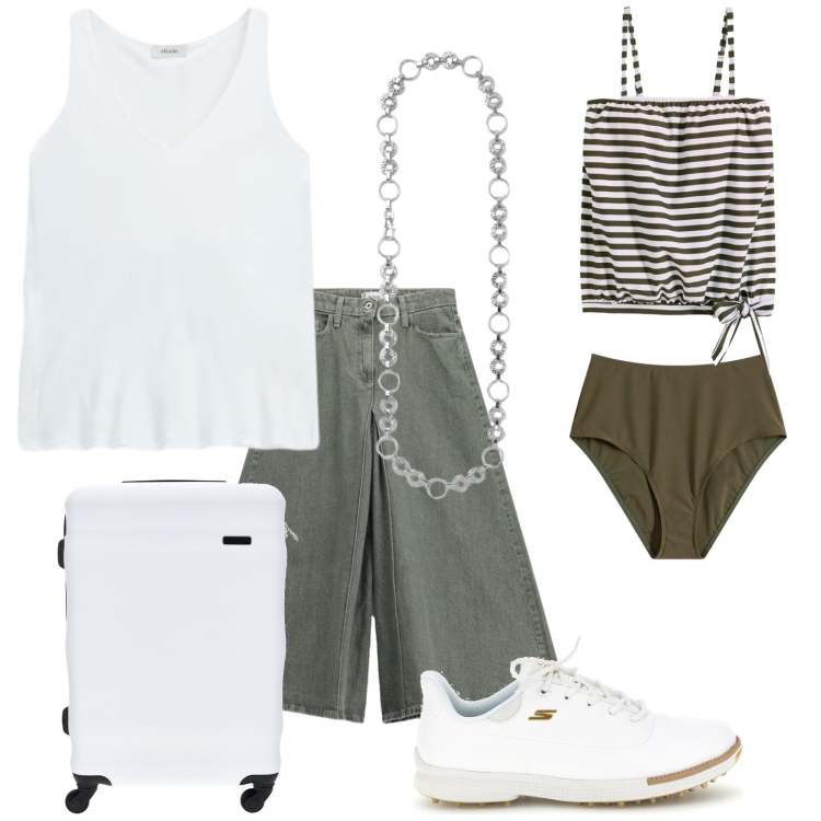 Outfit donna - In viaggio. Stile Casual per Mare. Abbinamento con costumi interi, cinture, pantaloni, top, sneakers, valigie.