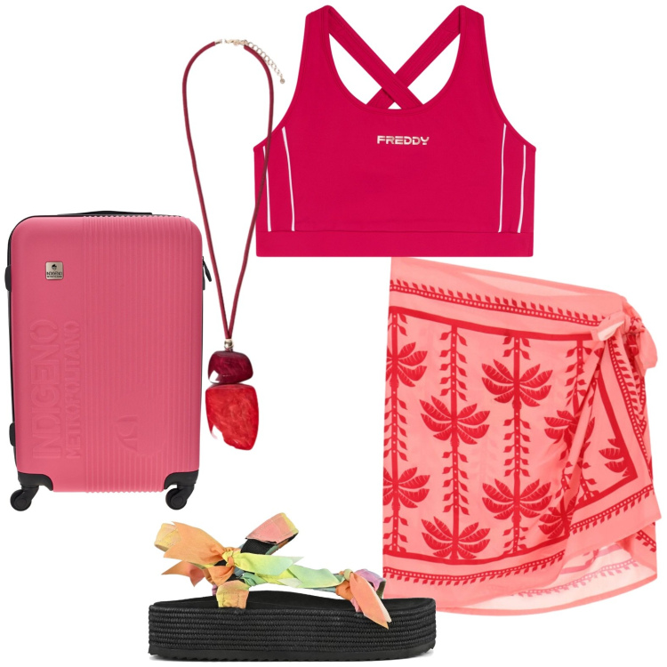 Outfit donna - Vacanza al mare. Stile Casual per Mare. Abbinamento con top, ciondoli, minigonne, valigie, sandali.
