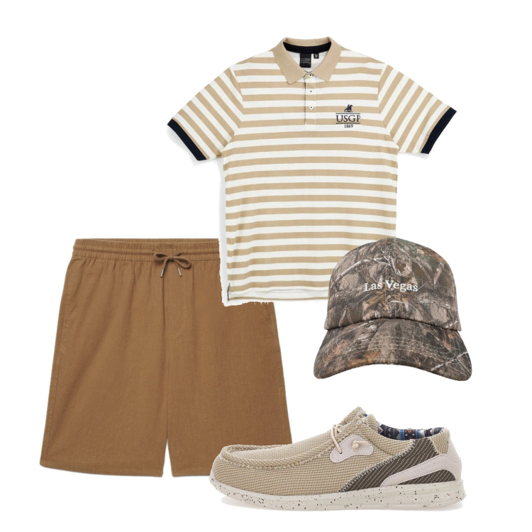 Outfit uomo - Total look #2451531. Stile Casual per Tutti i giorni. Abbinamento con cappelli con visiera, shorts, scarpe stringate, polo.
