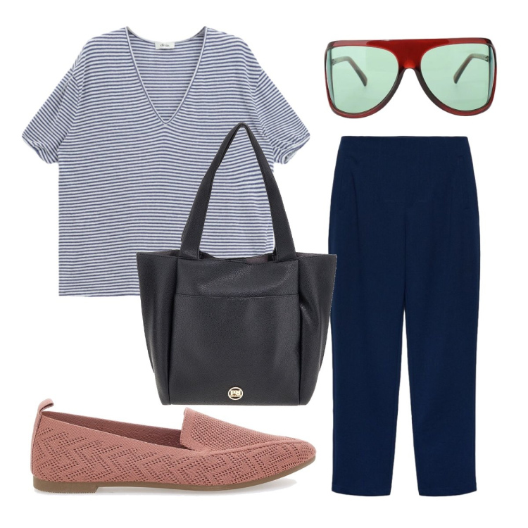 Outfit donna - Agosto. Stile Casual per Tutti i giorni. Abbinamento con pantaloni, occhiali da sole, t-shirt, mocassini, borse a spalla.