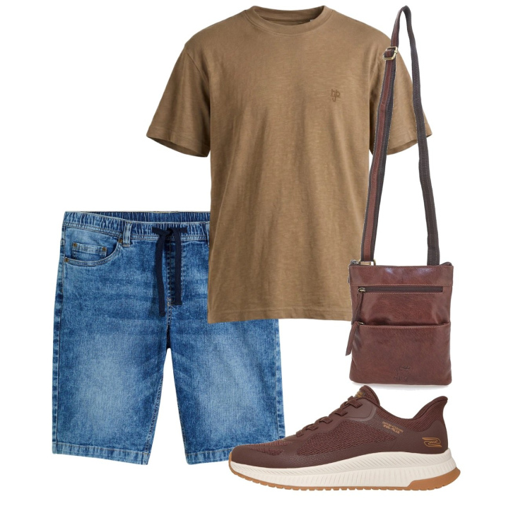 Outfit uomo - Agosto per le vie della città. Stile Casual per Tutti i giorni. Abbinamento con bermuda, t-shirt, sneakers, portafogli.