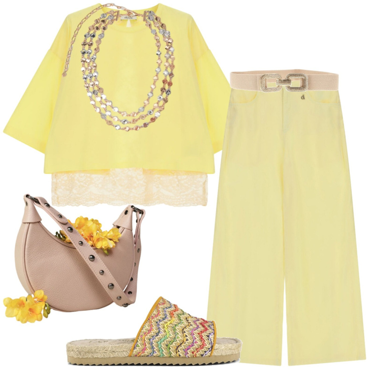 Outfit donna - A passeggio. Stile Casual per Tutti i giorni. Abbinamento con t-shirt, borse a spalla, pantaloni a palazzo, collane, sandali, cinture.