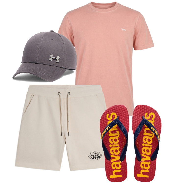 Outfit uomo - Total look #2451540. Stile Casual per Tutti i giorni. Abbinamento con t-shirt, pantaloni corti, sandali, cappelli con visiera.