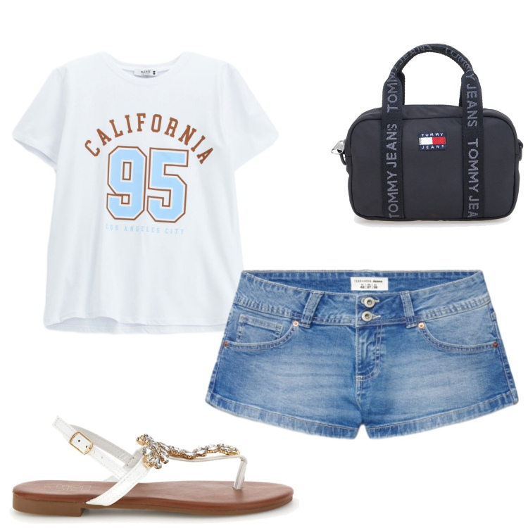 Outfit donna - Agosto. Stile Casual per Tutti i giorni. Abbinamento con shorts, t-shirt sportive, sandali gioiello, borse a tracolla.
