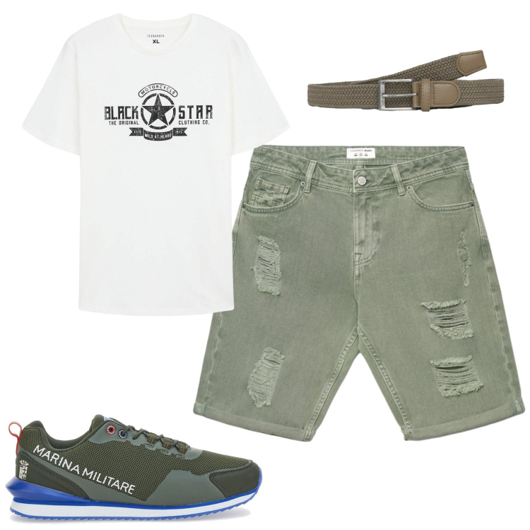 Outfit uomo - Agosto. Stile Casual per Tutti i giorni. Abbinamento con t-shirt, cinture, bermuda, sneakers.