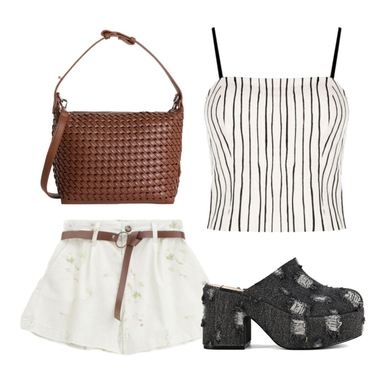 Outfit donna - Romantica. Stile Romantica per Tutti i giorni. Abbinamento con borse a spalla, canottiere, shorts, sabot.