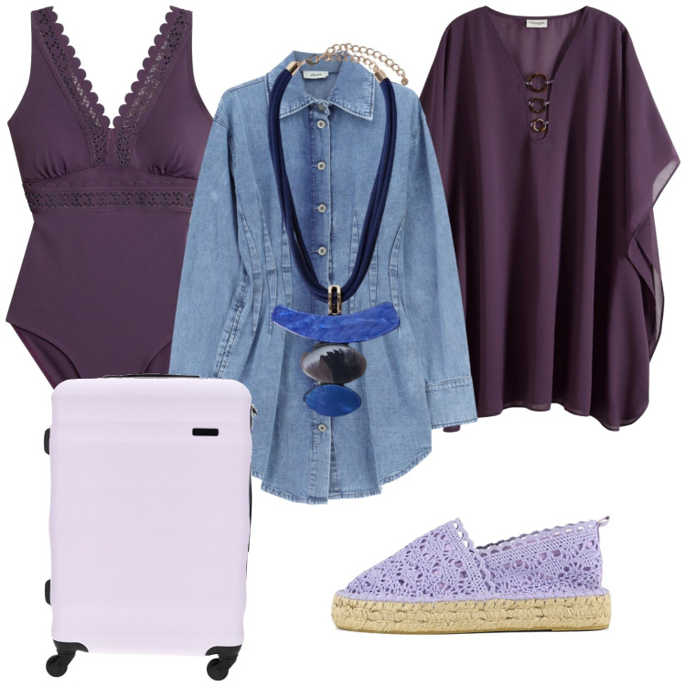 Outfit donna - In vacanza. Stile Casual per Mare. Abbinamento con vestiti da spiaggia, costumi interi, vestiti lunghi, ciondoli, espadrillas, valigie.