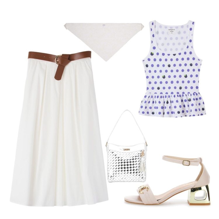 Outfit donna - Agosto. Stile Boho per Ufficio. Abbinamento con canottiere, gonne longuette, foulard, sandali col tacco, borse a spalla.