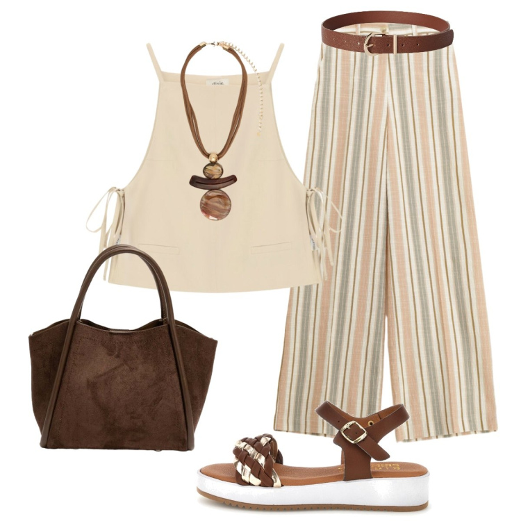 Outfit donna - Una serata che nn m’impegna. Stile Chic per Tutti i giorni. Abbinamento con cinture, pantaloni a palazzo, top, ciondoli, borse a spalla, sandali.