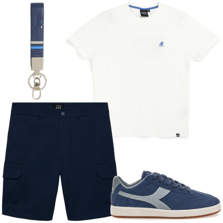 Outfit uomo - In giro con la vespa. Stile Casual per Tutti i giorni. Abbinamento con portachiavi, pantaloni corti, t-shirt, sneakers.