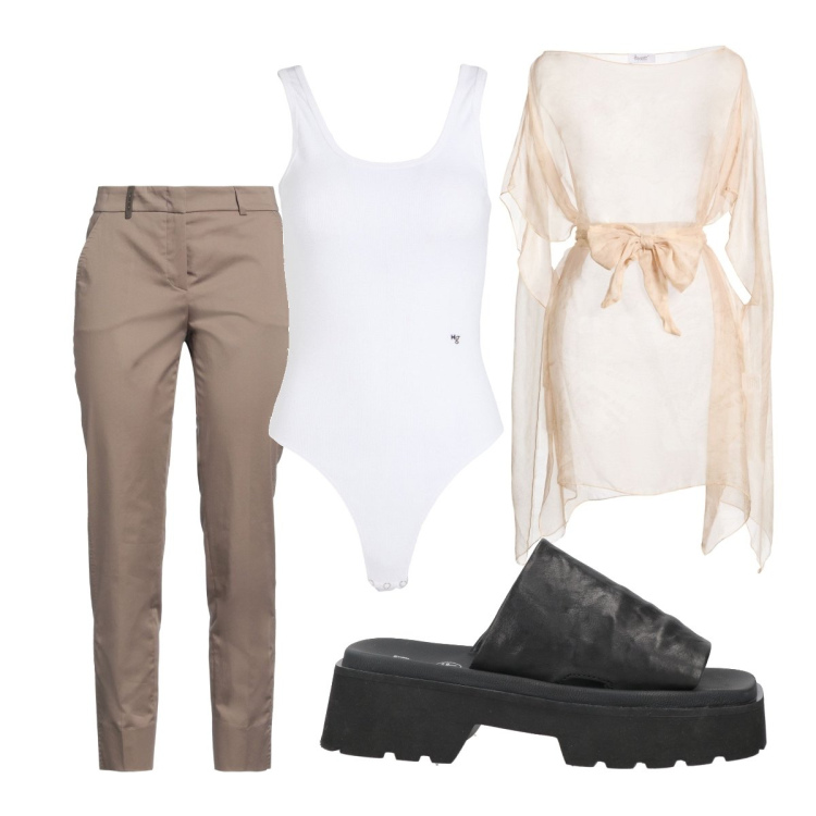 Outfit donna - Pantaloni affusolati. Stile Casual per Tutti i giorni. Abbinamento con top, body, pantaloni, sandali in pelle.