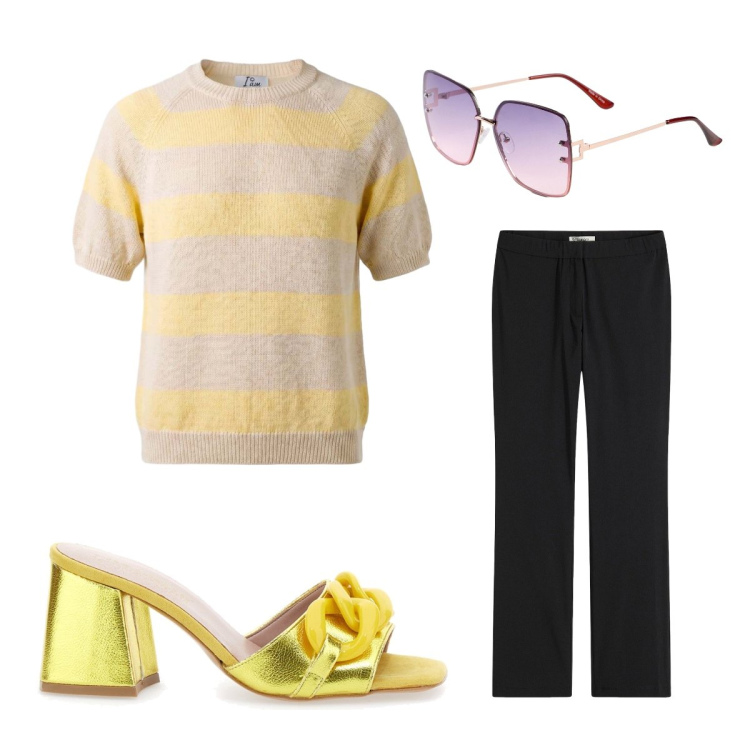 Outfit donna - 70s chic. Stile 70s per Tutti i giorni. Abbinamento con pantaloni, occhiali da sole, maglieria, sandali col tacco.