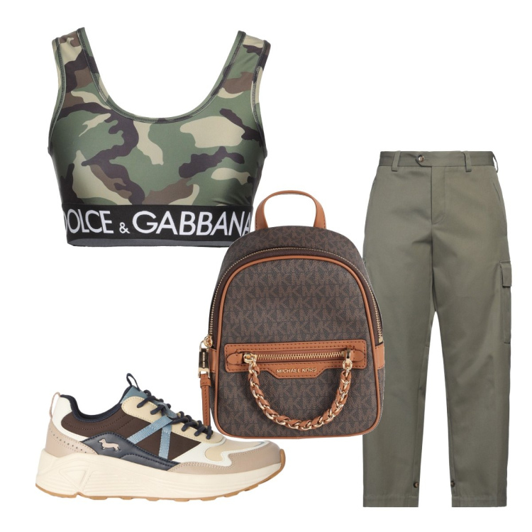 Outfit donna - Agosto curvy. Stile Military per Tutti i giorni. Abbinamento con zaini, pantaloni cargo, top sportivi, sneakers.