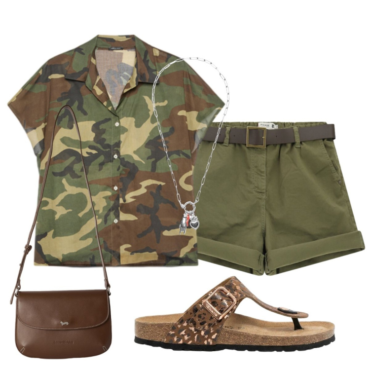 Outfit donna - Urban safari. Stile Urban per Tutti i giorni. Abbinamento con infradito, shorts, borse a tracolla, camicie a manica corta, ciondoli.