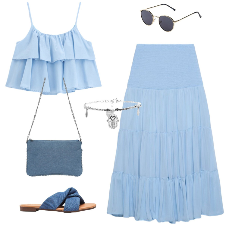 Outfit donna - Tour cittadino. Stile Minimal per Tutti i giorni. Abbinamento con ciabatte, occhiali da sole, gonne lunghe, borse a tracolla, top, braccialetti.