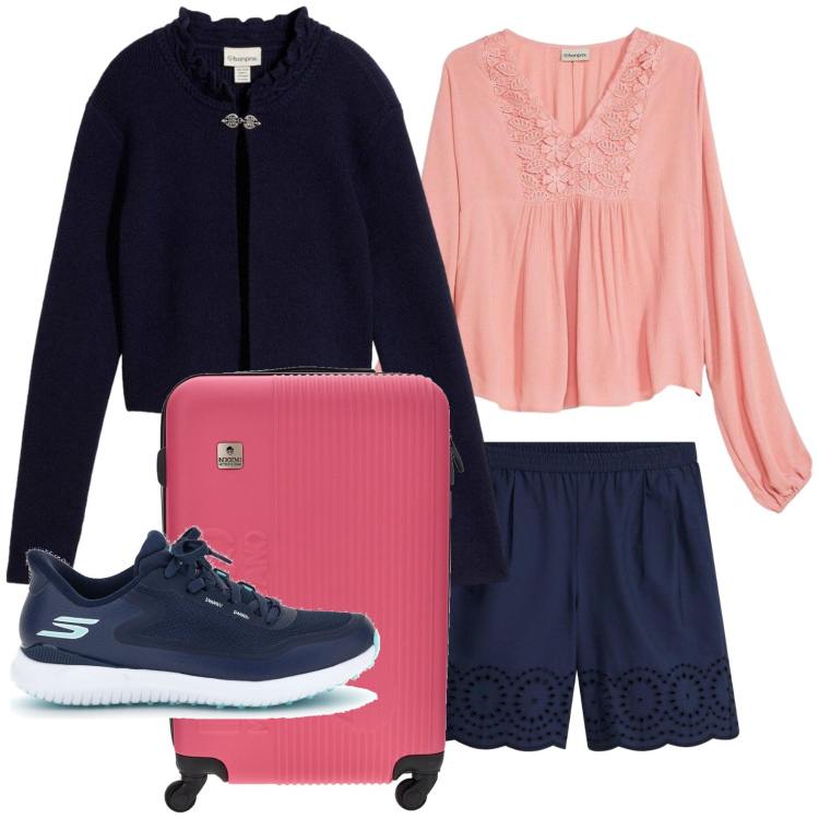 Outfit donna - Ferragosto: mare o montagna?. Stile Casual per Tutti i giorni. Abbinamento con shorts, bluse, cardigans, sneakers, valigie.