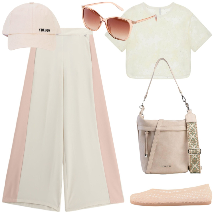 Outfit donna - Total look #2451577. Stile Casual chic per Tutti i giorni. Abbinamento con occhiali da sole, borse a tracolla, t-shirt, pantaloni a palazzo, cappelli con visiera, ballerine.