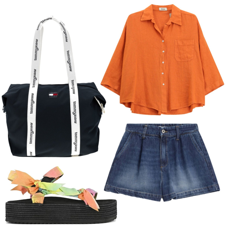 Outfit donna - Aperitivo vista mare. Stile Glamour per Tutti i giorni. Abbinamento con shorts, camicie, shopping bag, sandali.