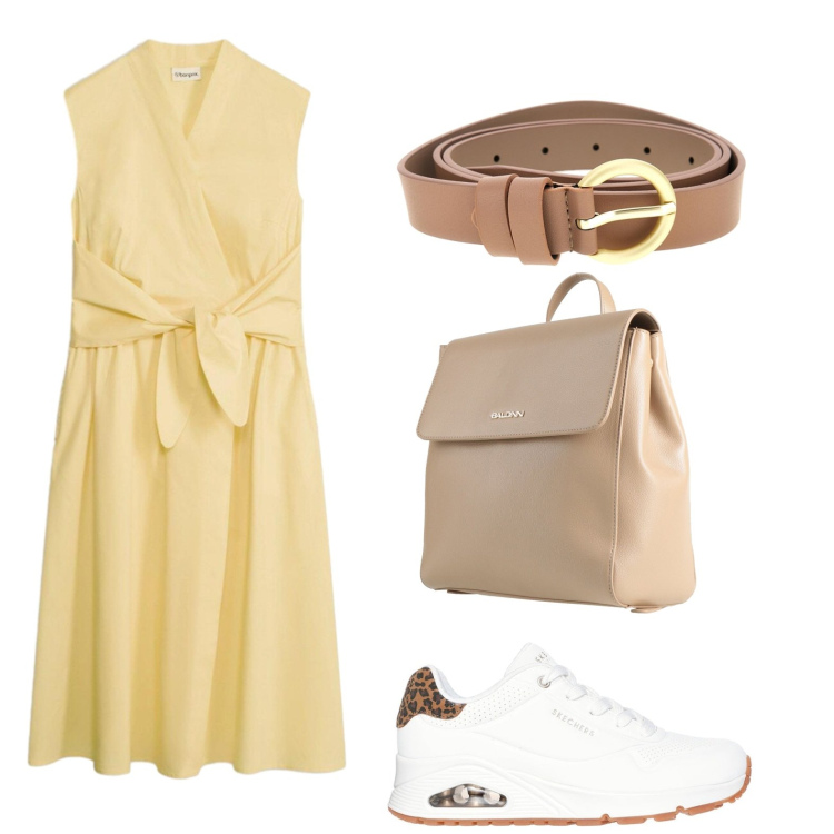 Outfit donna - Estate a colori pieni. Stile Glamour per Tutti i giorni. Abbinamento con zaini, vestiti, sneakers alte, cinture.