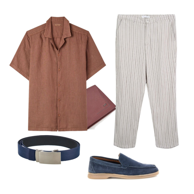 Outfit uomo - Dalla spiaggia alla cena. Stile Casual Abbinamento con pantaloni chino, camicie a manica corta, scarpe stringate, cinture, portafogli.