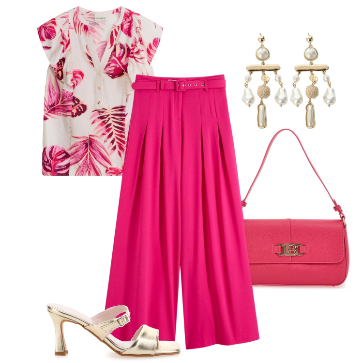 Outfit donna - Ciclamino a cena. Stile Glamour per Serata fuori. Abbinamento con pantaloni, bluse, orecchini, borse a spalla, scarpe col tacco.