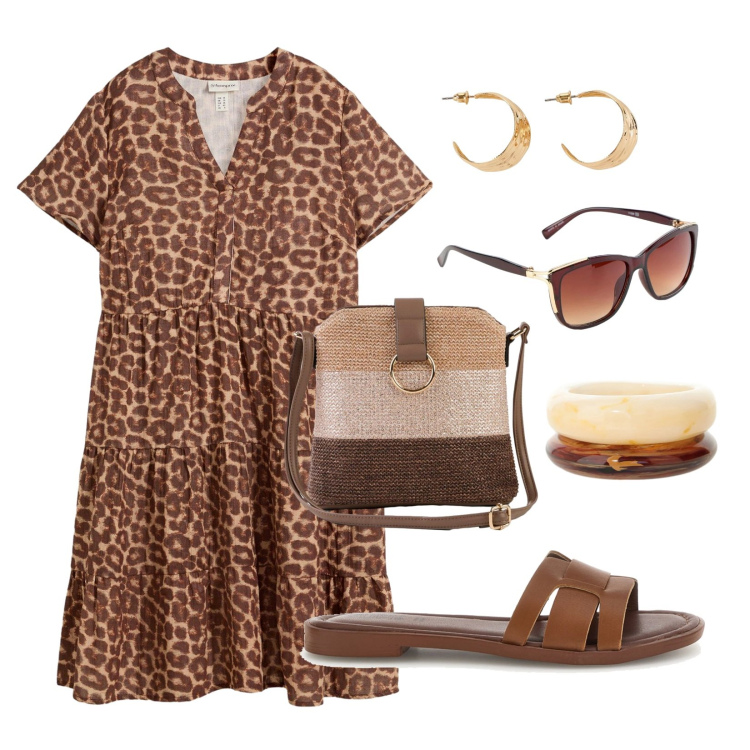 Outfit donna - Animalier. Stile Trendy per Mare. Abbinamento con vestiti corti, borse a tracolla, occhiali da sole, orecchini, braccialetti, ciabatte.