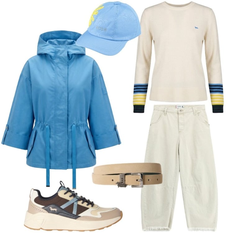 Outfit donna - Vacanza in montagna. Stile Casual per Tutti i giorni. Abbinamento con cappelli con visiera, jeans dritti, sneakers, caban, maglieria, cinture.