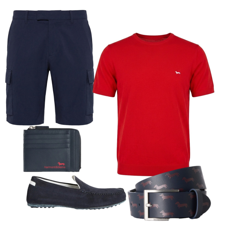Outfit uomo - Red & blue. Stile Casual per Tutti i giorni. Abbinamento con scarpe stringate, bermuda, cinture, t-shirt, portamonete.
