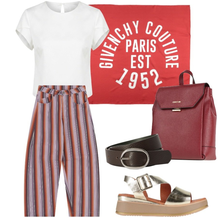 Outfit donna - Visitando borghi. Stile Casual chic per Tutti i giorni. Abbinamento con sciarpe, zaini, sandali in pelle, cinture, pantaloni, t-shirt.