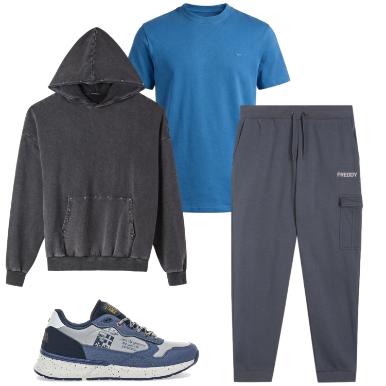 Outfit uomo - Total look #2451593. Stile Urban per Sport. Abbinamento con t-shirt, felpe con cappuccio, pantaloni cargo, sneakers.