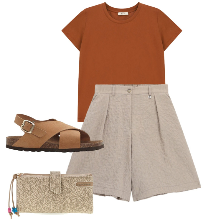 Outfit donna - Shorts quotidiani. Stile Casual per Tutti i giorni. Abbinamento con sandali in pelle, bermuda, t-shirt, portafogli.