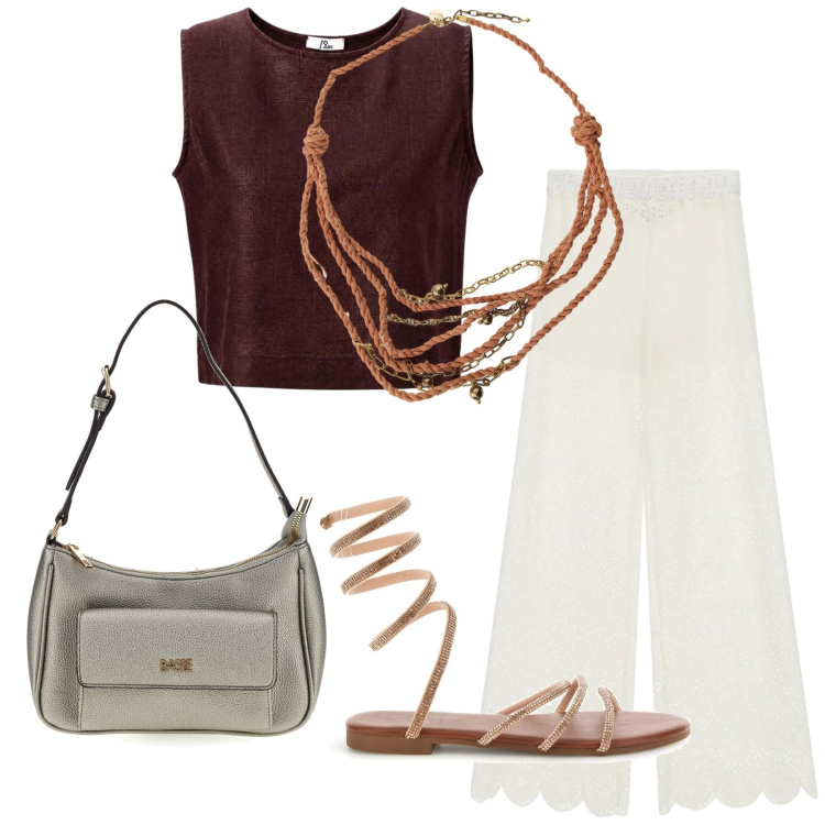 Outfit donna - Panna e cacao. Stile Bon Ton per Tutti i giorni. Abbinamento con collane, top, pantaloni a palazzo, borse a spalla, sandali.