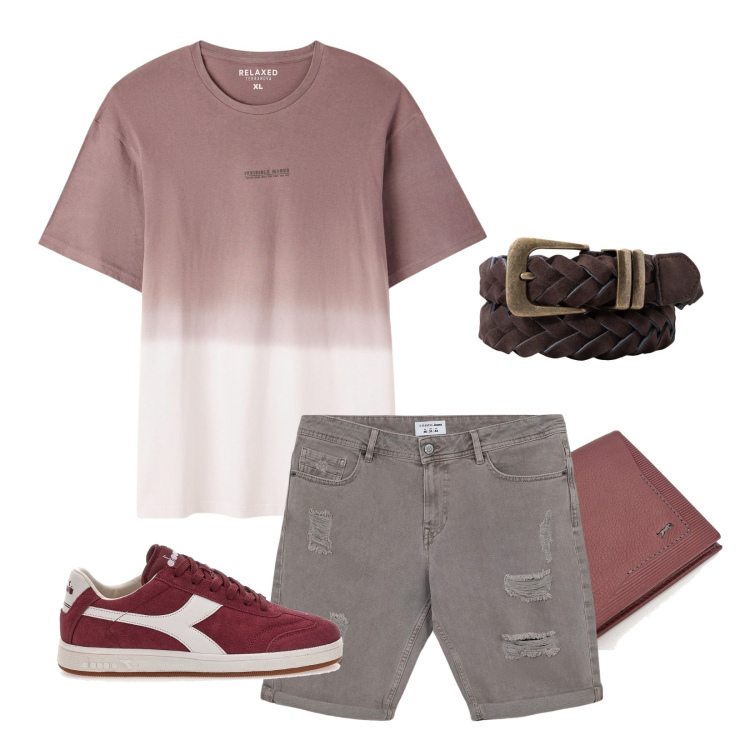 Outfit uomo - Vibes rosa. Stile Casual per Tutti i giorni. Abbinamento con bermuda, t-shirt, cinture, sneakers, portafogli.