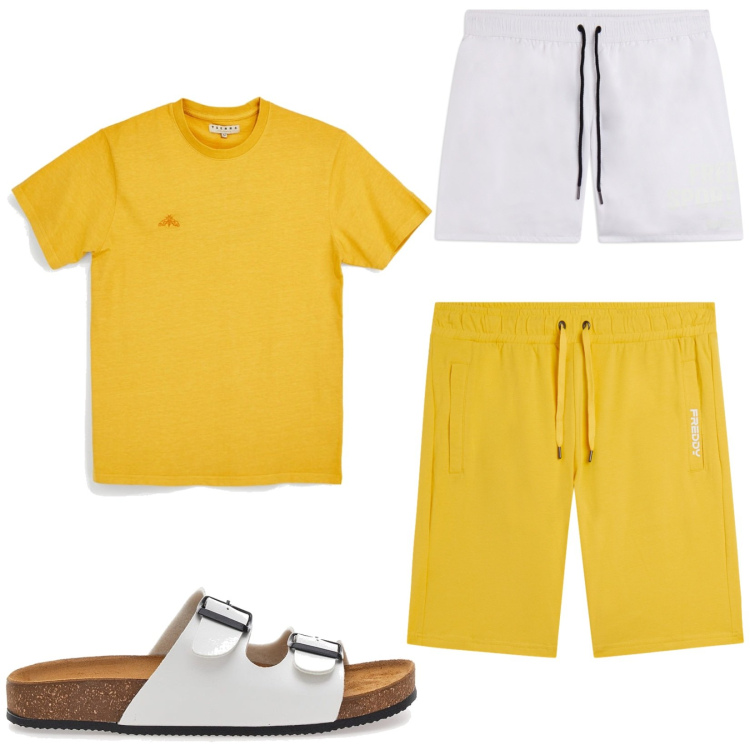 Outfit uomo - Total look #2451599. Stile Trendy per Mare. Abbinamento con costumi, pantaloni corti, t-shirt, sandali.
