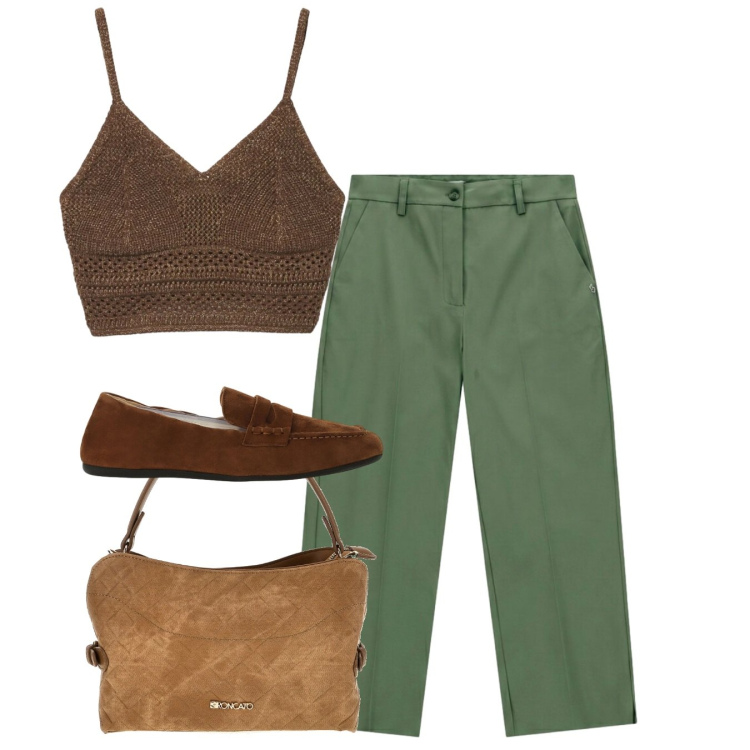 Outfit donna - Mocassini. Stile Bon Ton per Tutti i giorni. Abbinamento con top, pantaloni, mocassini, borse a tracolla.
