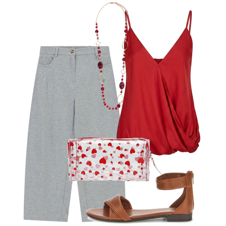 Outfit donna - Tocco rosso. Stile Bon Ton per Tutti i giorni. Abbinamento con pantaloni a palazzo, valigie, collane, top, sandali.